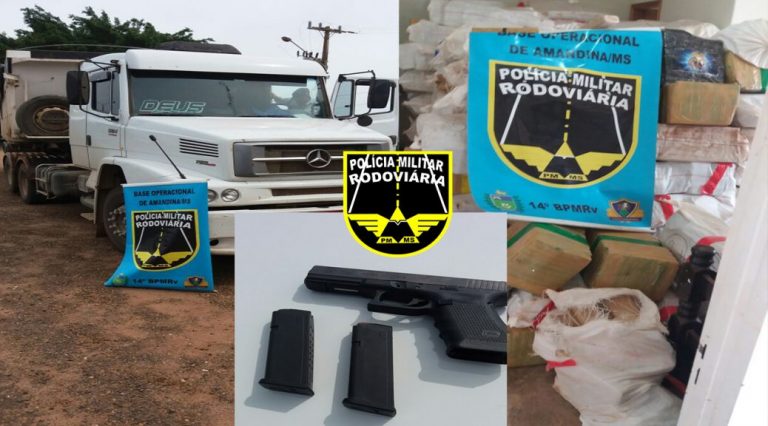 Polícia Militar Rodoviária apreende 7 toneladas de maconha e uma arma de fogo sendo transportadas em uma carreta na MS 276.